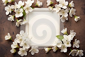 Spring background. White wooden frame with beautiful white flowering tree branches around on brown background. Top view