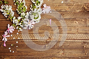 Spring background with wooden board and flowers