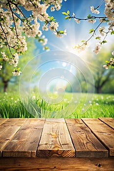 Spring background with wooden table