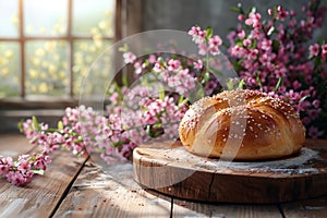 spring Bagutte on wooden table and bakery background ,photorealistic, cooking ideas