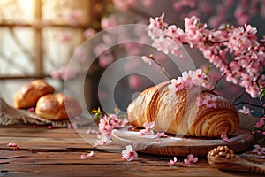 spring Bagutte on wooden table and bakery background ,photorealistic, cooking ideas