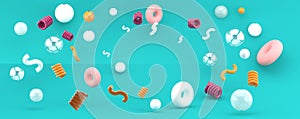 Spring balloons and donuts float on a green backdrop. photo