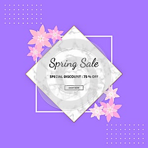 Spring banner background with beautiful colorful flower, white marble texture and frame. Vector illustration. Templates for design