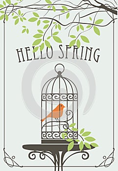 Spring banner with bird in cage under green tree