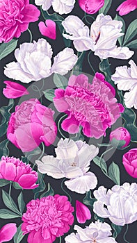 Spring banner with blooming white and pink tulip and peony flowers on a dark background.