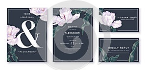 Spring banner with blooming white tulip flowers on a dark background, place for text.