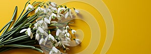 a spring banner,a bouquet of white snowdrops lying on a bright yellow background,copy space,the concept of seasonal advertising