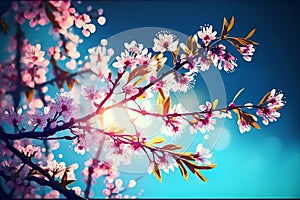 Cherry blooming. Spring blossom tree pink flowers and abstract background with bokeh sunlights, Generative AI