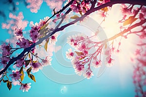 Cherry blooming. Spring blossom tree pink flowers and abstract background with bokeh sunlights, Generative AI