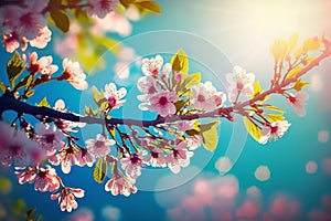 Cherry blooming. Spring blossom tree pink flowers and abstract background with bokeh sunlights, Generative AI