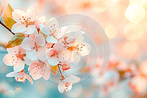 Spring banner, branches of blossoming tree on nature outdoors. space for text