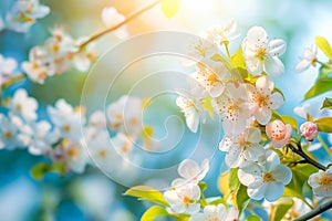 Spring banner, branches of blossoming tree on nature outdoors. space for text