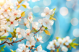 Spring banner, branches of blossoming tree on nature outdoors. space for text