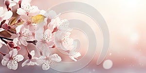 Spring banner with cherry blossom and light copy space. Spring season concept.