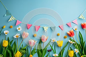 Spring banner with colorful flowers on blue background