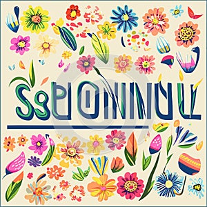 Spring banner with flowers and easter eggs. Hand drawn vector illustration. Generative AI