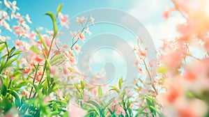 spring banner of fresh green grass and flowers in nature. blurred background, space for text