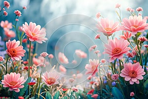 spring banner of fresh green grass and flowers in nature. blurred background, space for text