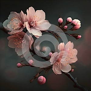 Spring banner with sakura flowers blooming branch. Tender pink spring flowers on a dark background. Floral banner for advertising