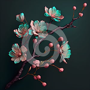 Spring banner with sakura flowers blooming branches. Light blue with pink flowers on dark background. Floral banner for