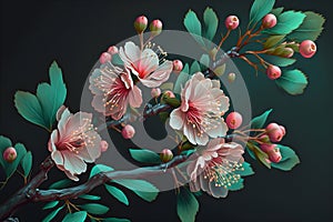 Spring banner with sakura flowers blooming branches. Light blue with pink flowers a on dark background. Floral banner for