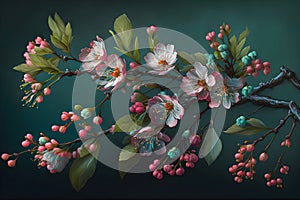 Spring banner with sakura flowers blooming branches. Tender pink spring flowers on dark background. Floral banner for advertising