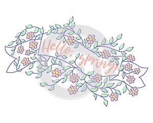 Spring banner sale design. Season sale vector label with flower. Spring floral background. Label ribbon tag. Sale poster