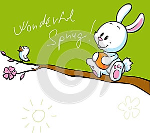 Spring banner with singing bird and white easter bunny