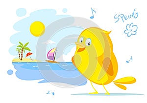 Spring on the beach bird ssinging flat vector