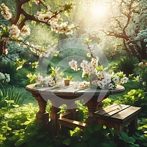 Spring beautiful background with green lush young foliage and flowering branches with an empty wooden table