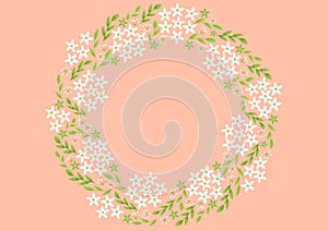 spring beautiful flower garland on peach background, floral wreath, vector illustration template