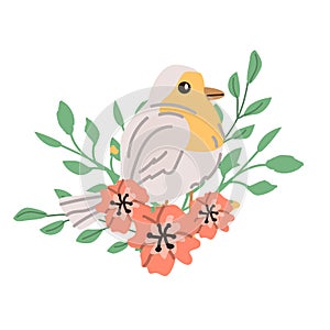 spring bird robin sitting in flowers and branch with leaves