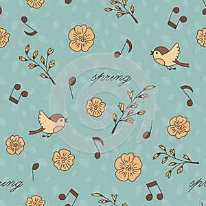 Spring, birds and music. Doodle and cartoon. Seamless pattern.