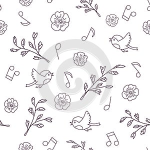 Spring, birds and music. Doodle and cartoon. Seamless pattern.