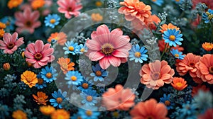 Spring blooming, colorful flowers background, view from above