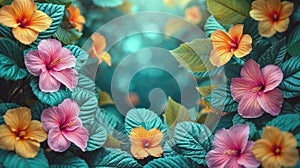 Spring blooming, colorful flowers background, view from above