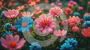 Spring blooming, colorful flowers background, view from above