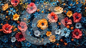 Spring blooming, colorful flowers background, view from above