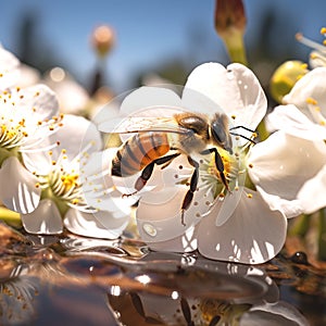 spring blooming flowers ,bee and butterfly sitting on fruits, mandarin,olives,with drops of morning dew water