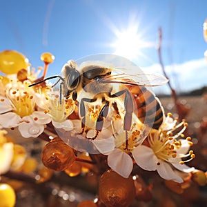 spring blooming flowers ,bee and butterfly sitting on fruits, mandarin,olives,with drops of morning dew water