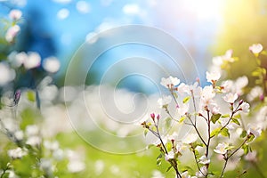 Spring blooming landscape with blurred bokeh effect in the background. photo