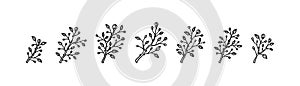 Spring blooming outline branch set. Black and white hand drawn flowering plant minimalist icons. Minimal modern design element for