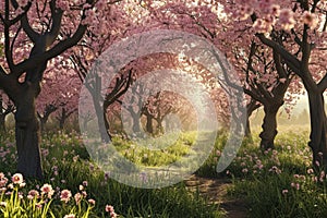 Spring blooming trees, Beautiful landscape of spring blooming garden and fresh grass and flowers.