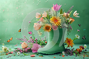 Spring blooms burst from green boot, spring and nature concept