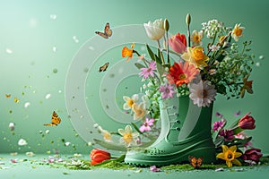 Spring blooms burst from green boot, spring and nature concept