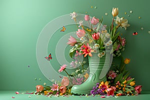 Spring blooms burst from green boot, spring and nature concept