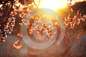 Spring blossom background. Beautiful nature scene with blooming tree and sun flare