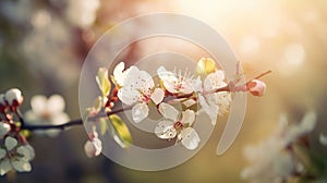 Spring blossom background. Beautiful nature scene with blooming tree and sun flare. Sunny day. Spring flowers, generative ai