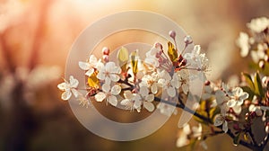 Spring blossom background. Beautiful nature scene with blooming tree and sun flare. Sunny day. Spring flowers. generative ai