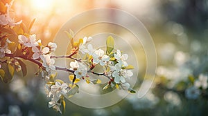 Spring blossom background. Beautiful nature scene with blooming tree and sun flare. Sunny day. Spring flowers. Generative ai